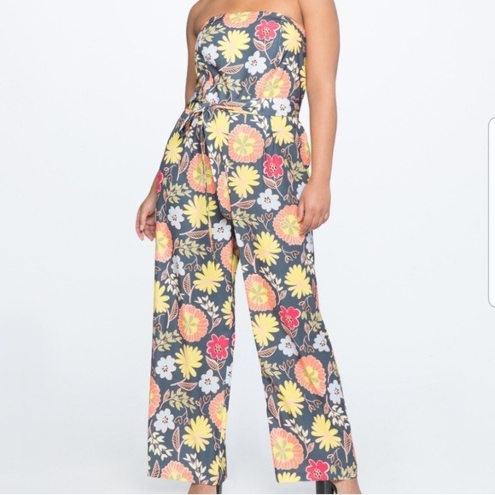 Eloquii Floral Strapless‎ Wide Leg Jumpsuit Blue Yellow Pink Plus Size 28